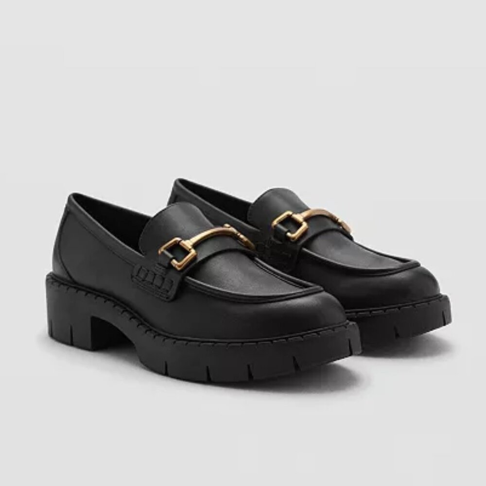 Mango Black Leather Loafers with Gold Buckle Hardware - size 8